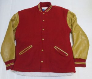 画像1: 袖革スタジャンUNKNOWNアメリカ古着アメリカ製アワードジャケットSウールジャケット赤系Xゴールド系GEMファラオ系オールド 