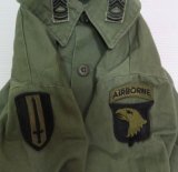 米軍実物ARMYアメリカ古着ユーティリティシャツ15H長袖シャツ70'SビンテージAIR BORNEパッチ付ミリタリーシャツOG507ボックス オールド