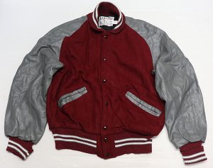 画像1: デロングDELONGアメリカ古着アメリカ製ウールジャケット袖革スタジャンMアワードジャケット中綿入りグレー系ｘ小豆系オールド